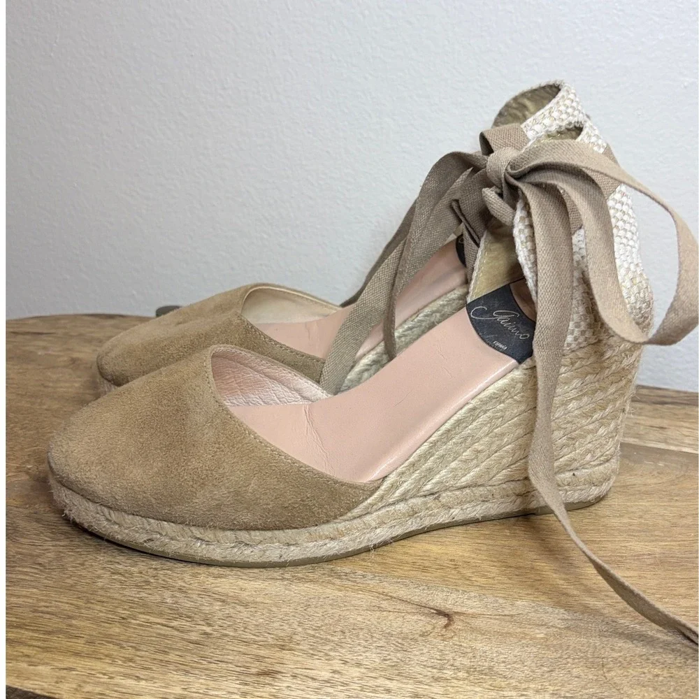 Gaimo Tan Suede Espadrille Wedges Ribbon Ankle Tie Made in Spain EU 37